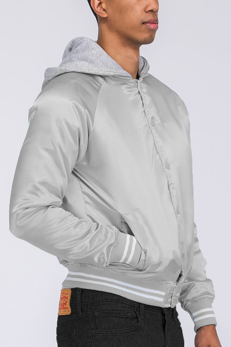 A stylish Satin Hooded Varsity Jacket featuring a hood, snap button closure, and striped elastic waist, perfect for casual wear.