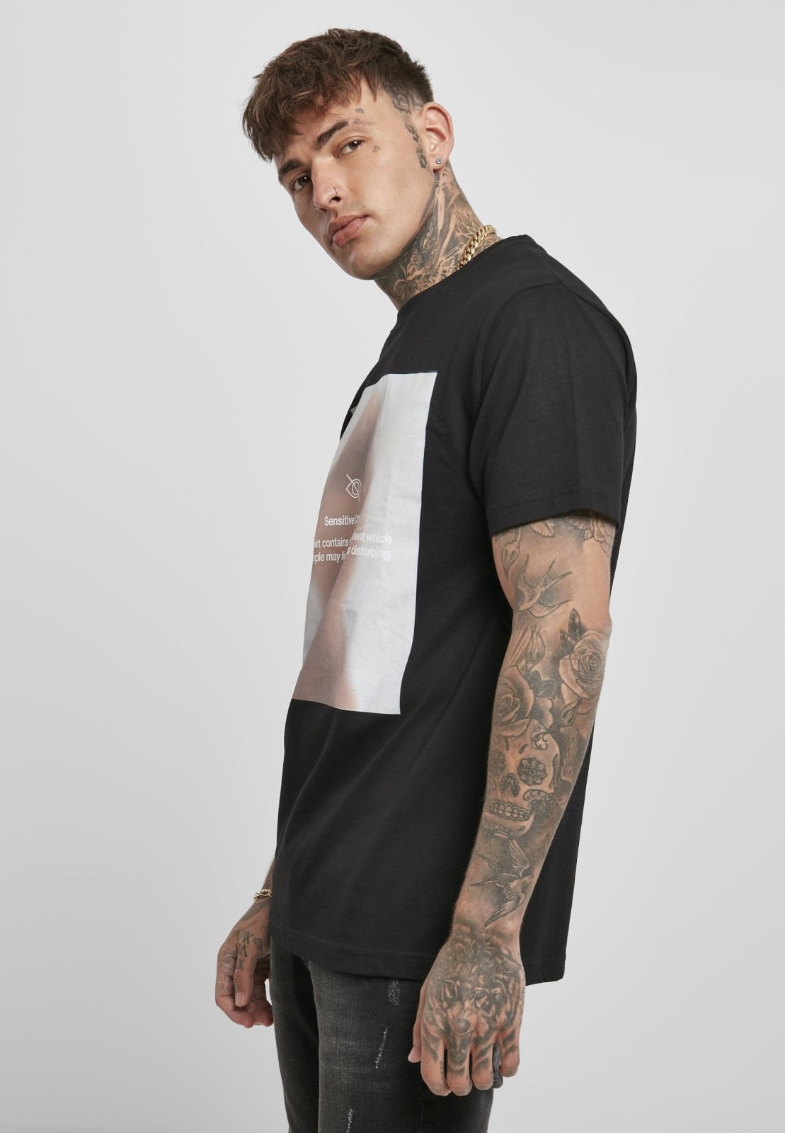 A stylish Sensitive Content T-Shirt made of 100% cotton, featuring a cool print on the chest, perfect for casual wear.