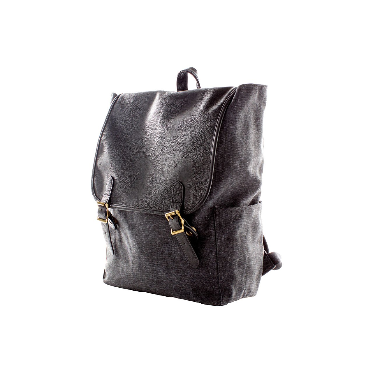 Shaun Canvas Cinched Backpack featuring vegan leather trims, padded straps, and water bottle holders, perfect for adventurers.