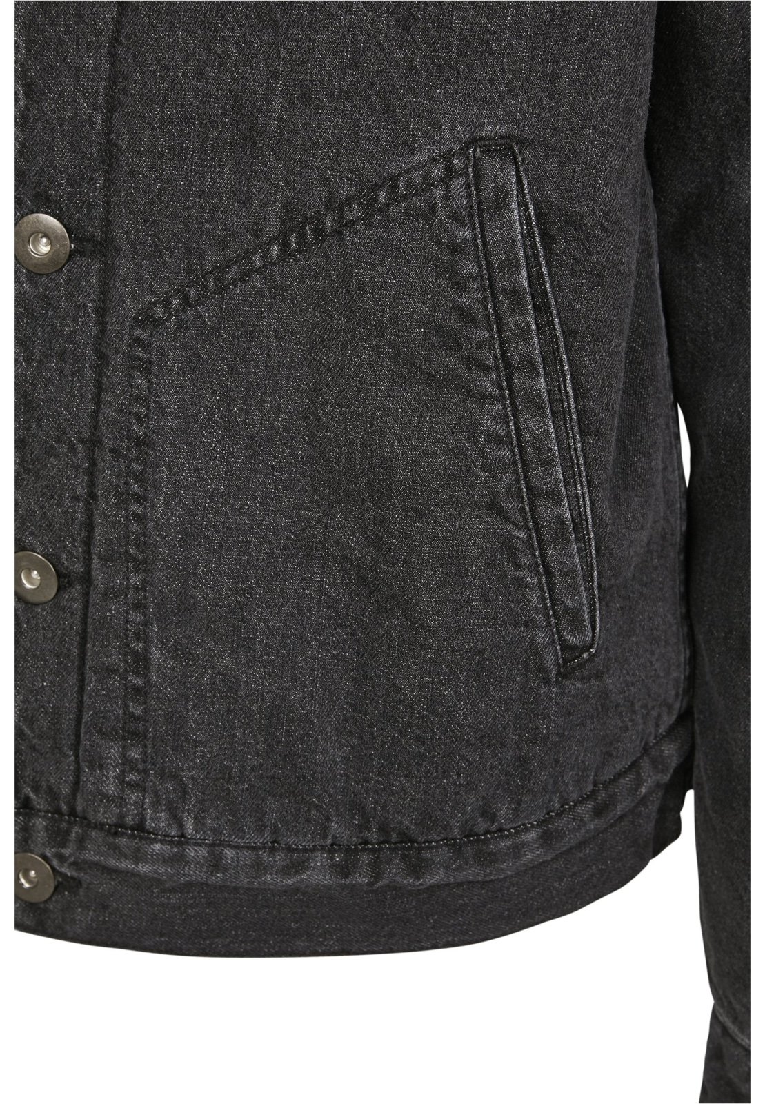 Sherpa Lined Jeans Jacket in Black Wash featuring cozy sherpa lining and durable denim fabric, perfect for stylish layering.