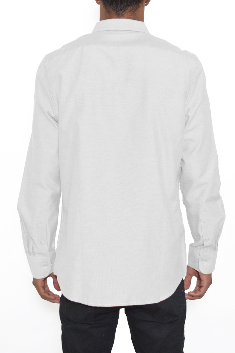 A classic white long sleeve button down shirt with a collar and single chest pocket, perfect for versatile styling.