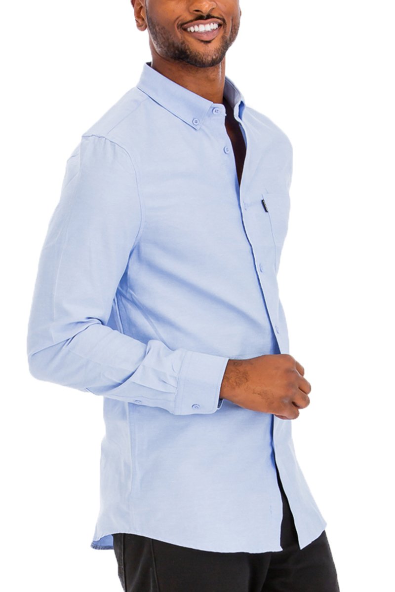 A stylish Signature Long Sleeve Button Down Shirt displayed on a mannequin, showcasing its classic design and premium fabric blend.