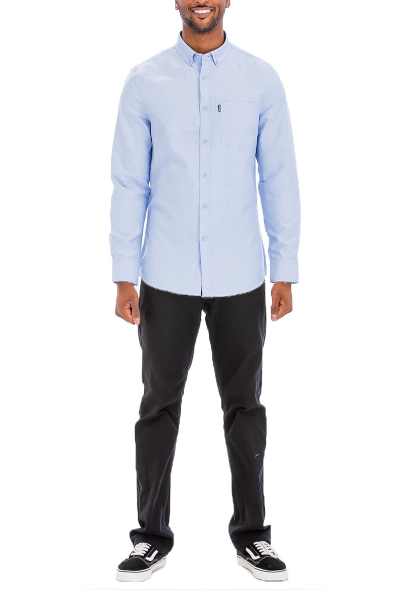 A stylish Signature Long Sleeve Button Down Shirt displayed on a mannequin, showcasing its classic design and premium fabric blend.