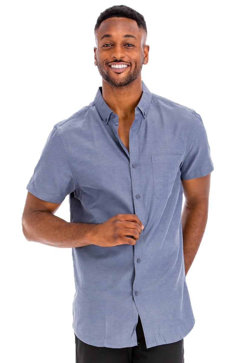 A stylish Signature Short Sleeve Button Down Shirt featuring a faux pocket, lightweight fabric, and a casual fit, perfect for everyday wear.