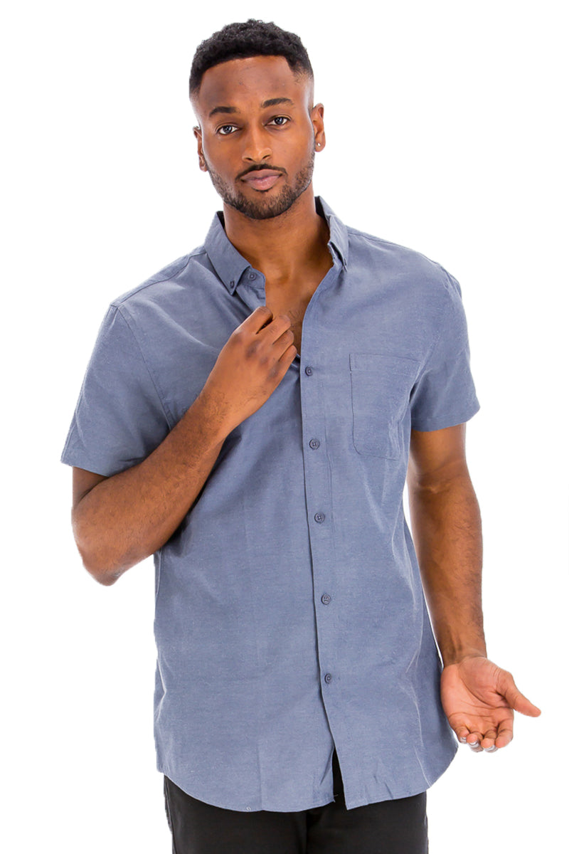 A stylish Signature Short Sleeve Button Down Shirt featuring a faux pocket, lightweight fabric, and a casual fit, perfect for everyday wear.