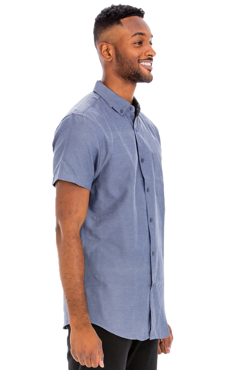 A stylish Signature Short Sleeve Button Down Shirt featuring a faux pocket, lightweight fabric, and a casual fit, perfect for everyday wear.