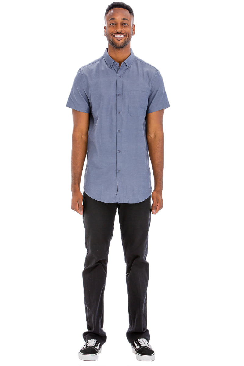 A stylish Signature Short Sleeve Button Down Shirt featuring a faux pocket, lightweight fabric, and a casual fit, perfect for everyday wear.