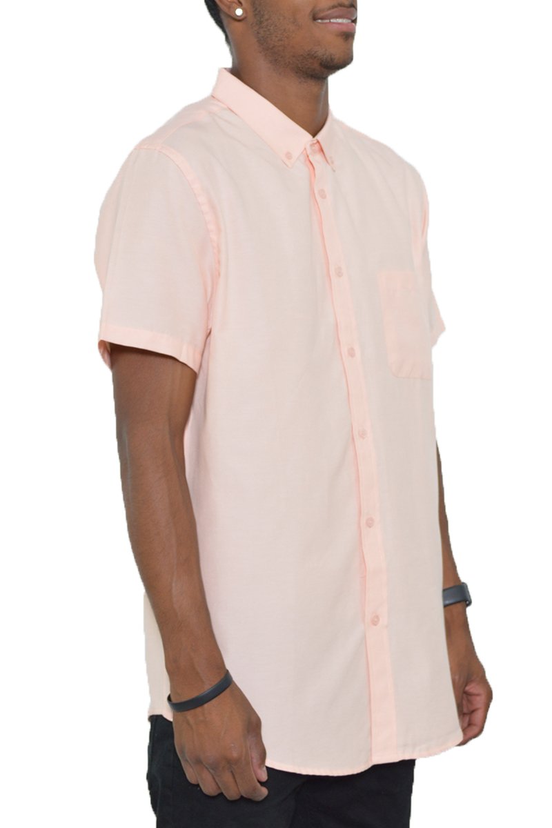 A stylish Signature Short Sleeve Button Down Shirt featuring a faux pocket, lightweight fabric, and a casual design, perfect for warm weather.