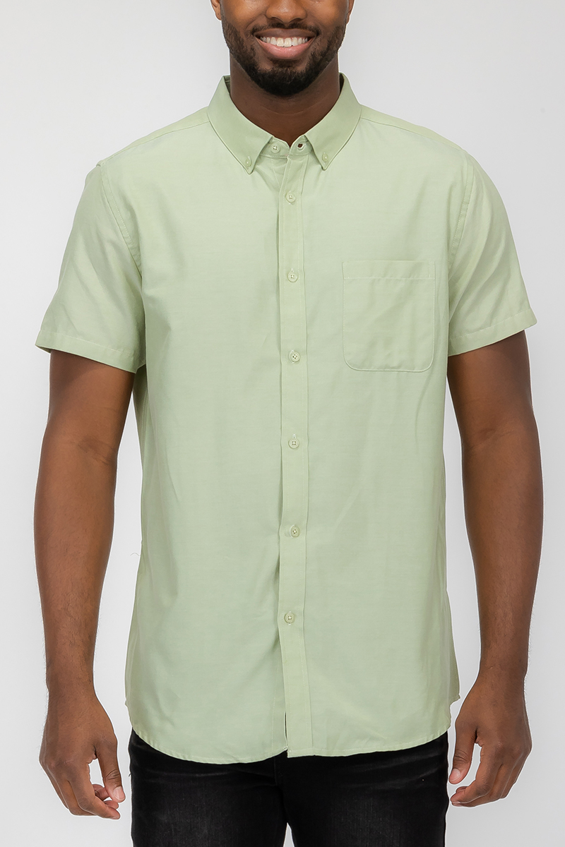 A stylish Signature Short Sleeve Button Down Shirt featuring a faux pocket, lightweight fabric, and a solid color design, perfect for casual wear.