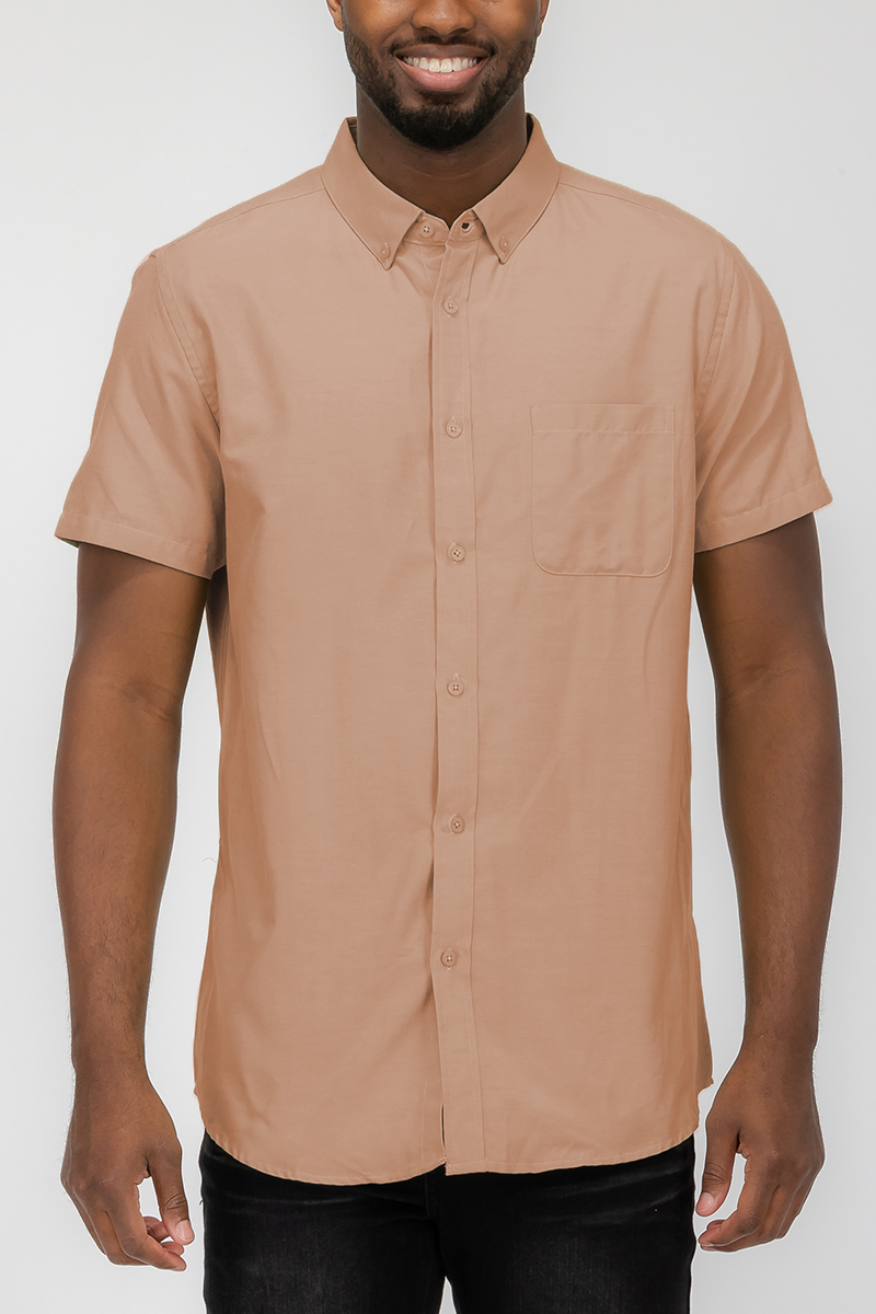 A stylish Signature Short Sleeve Button Down Shirt featuring a faux pocket, lightweight fabric, and a casual solid color design.