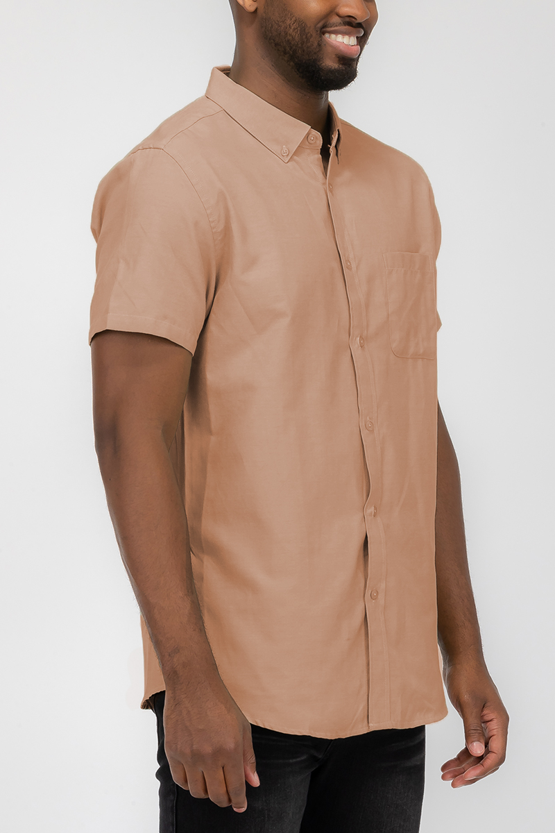 A stylish Signature Short Sleeve Button Down Shirt featuring a faux pocket, lightweight fabric, and a casual solid color design.