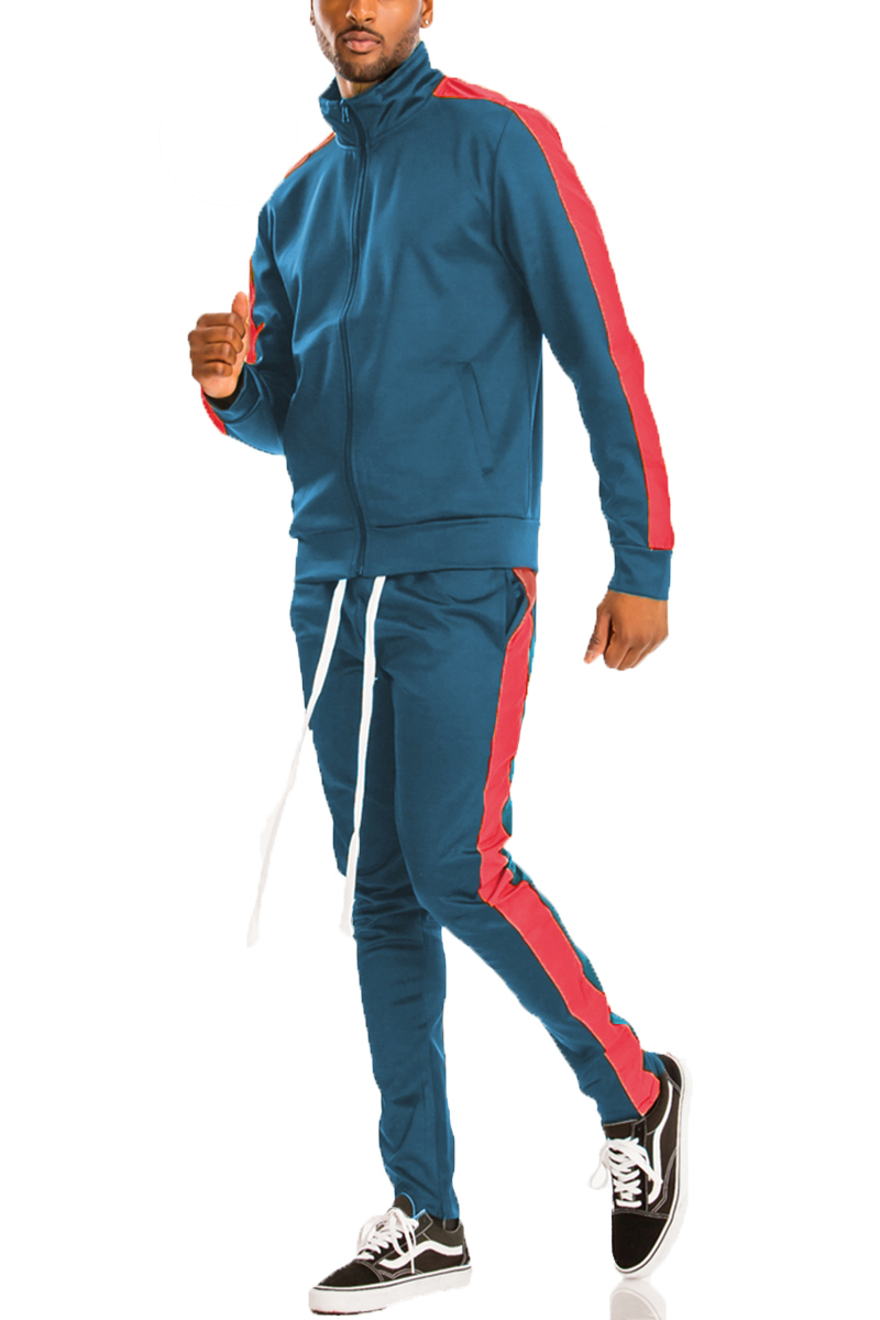 A stylish SINGLE STRIPE TRACK SET featuring a slim fit, hidden ankle zipper, and pockets, perfect for workouts or casual wear.