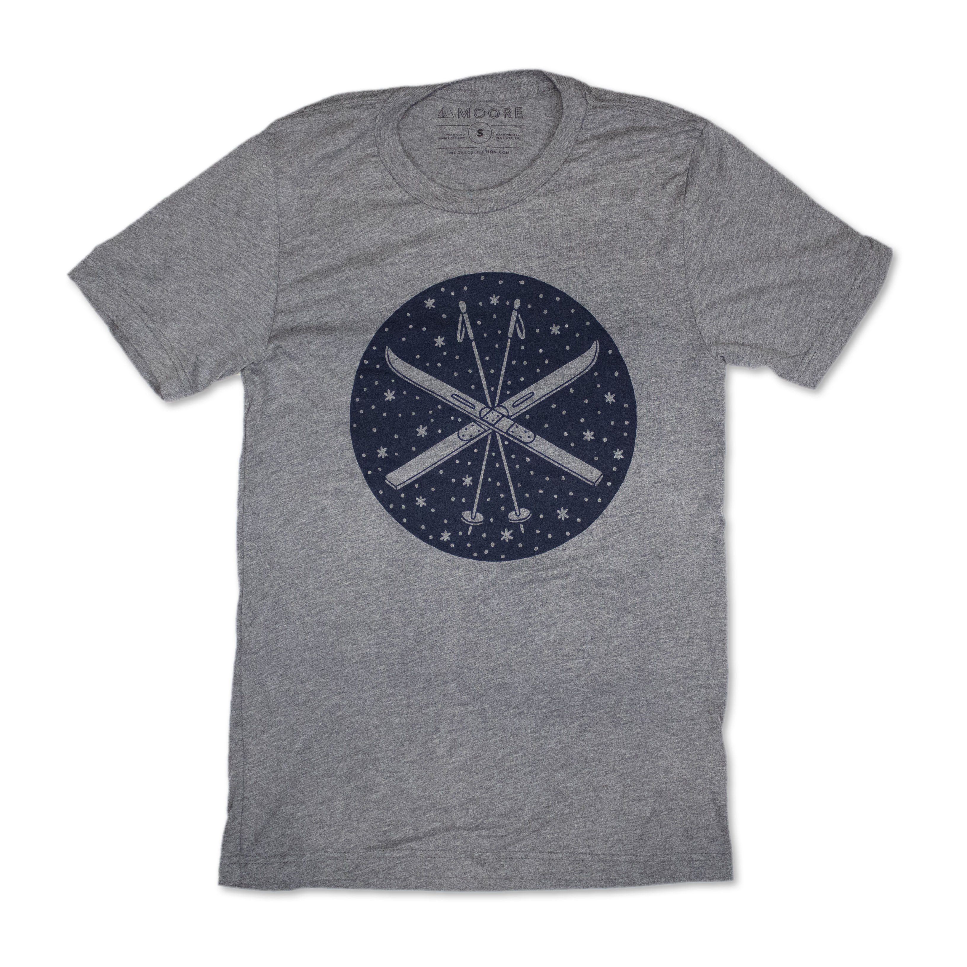 Gray triblend Ski Tee featuring navy screen print, soft fabric, and unisex design, perfect for winter sports enthusiasts.