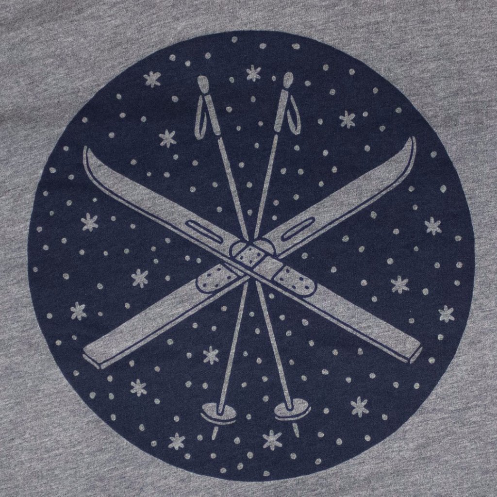 Gray triblend Ski Tee featuring navy screen print, soft fabric, and unisex design, perfect for winter sports enthusiasts.