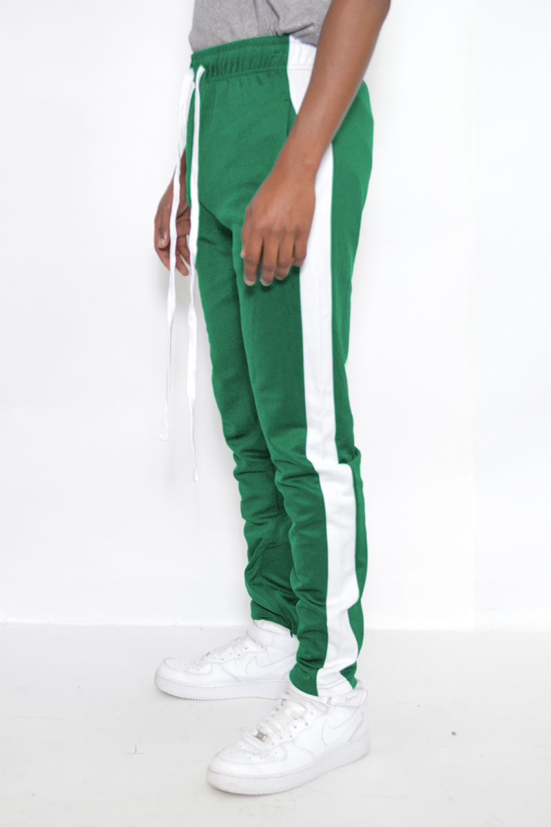 A pair of sleek slim fit track pants featuring a single stripe detail and hidden ankle zipper, perfect for workouts and casual wear.