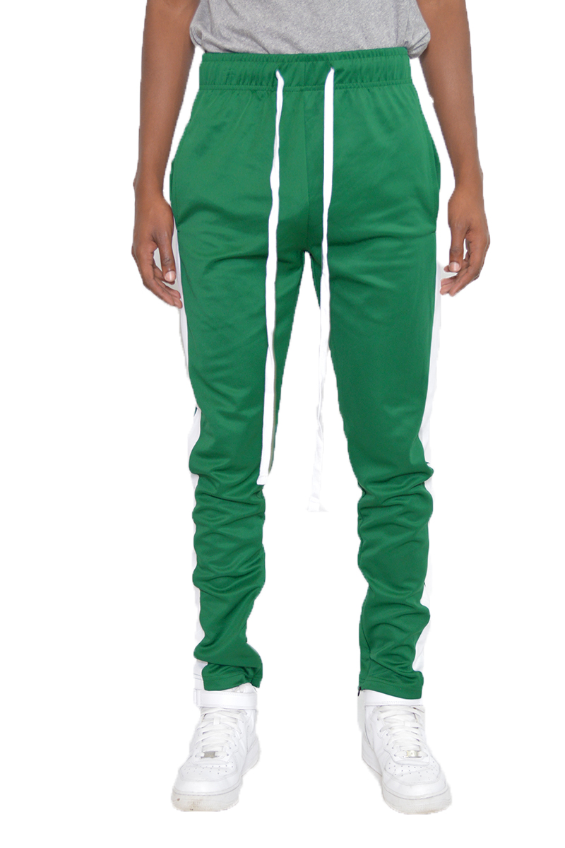 A pair of sleek slim fit track pants featuring a single stripe detail and hidden ankle zipper, perfect for workouts and casual wear.