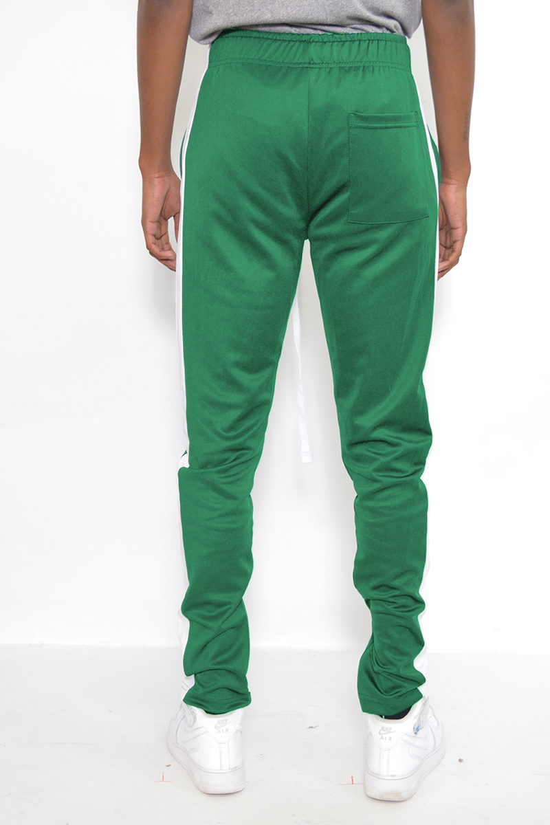 A pair of sleek slim fit track pants featuring a single stripe detail and hidden ankle zipper, perfect for workouts and casual wear.