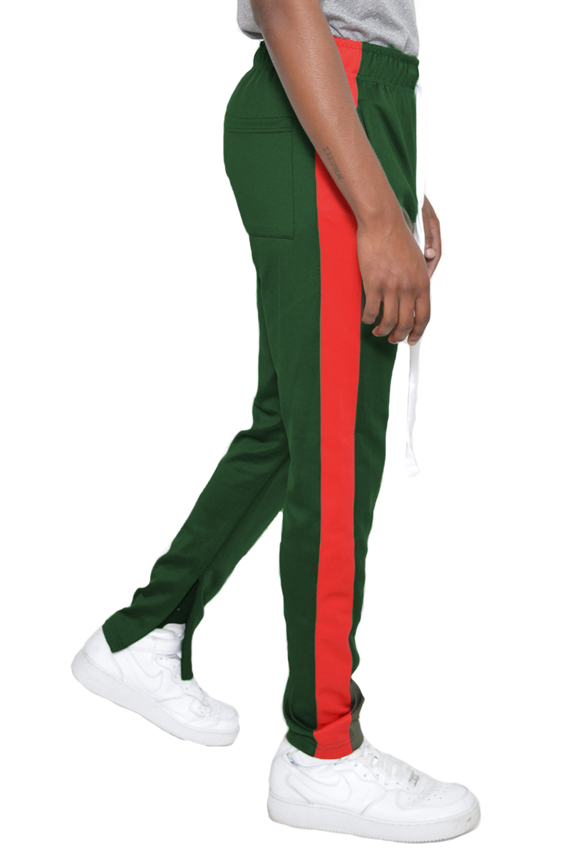 A pair of stylish slim fit track pants featuring a single stripe detail and hidden ankle zipper, perfect for active wear.