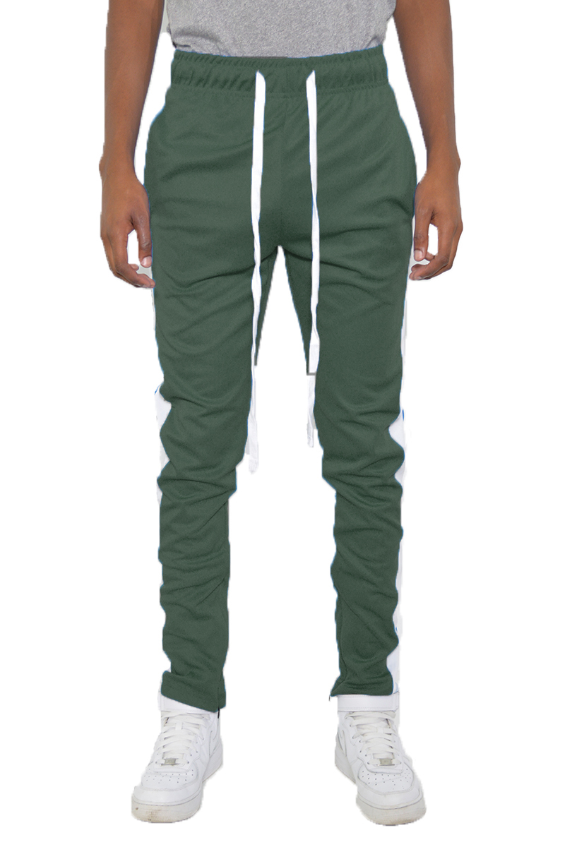 A pair of sleek slim fit track pants featuring a single stripe detail and hidden ankle zippers, perfect for workouts and casual wear.