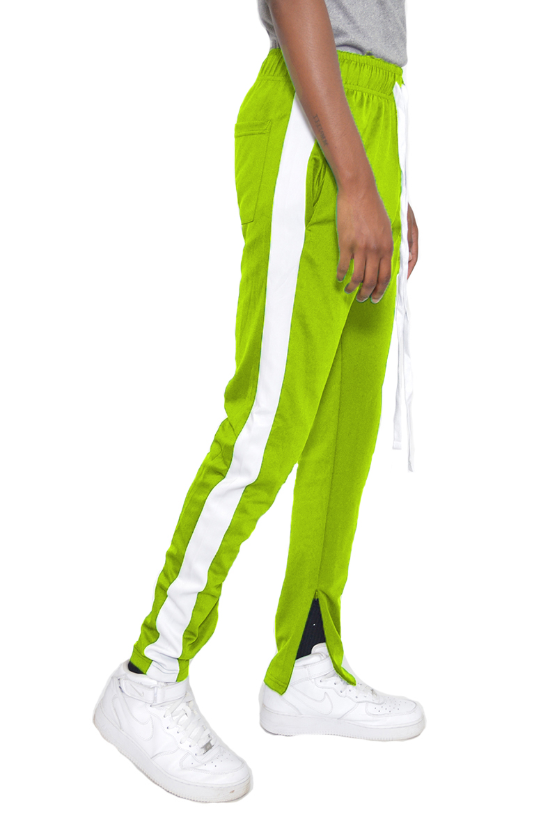 Slim fit track pants in vibrant lime and white with single stripe detail and hidden ankle zipper.