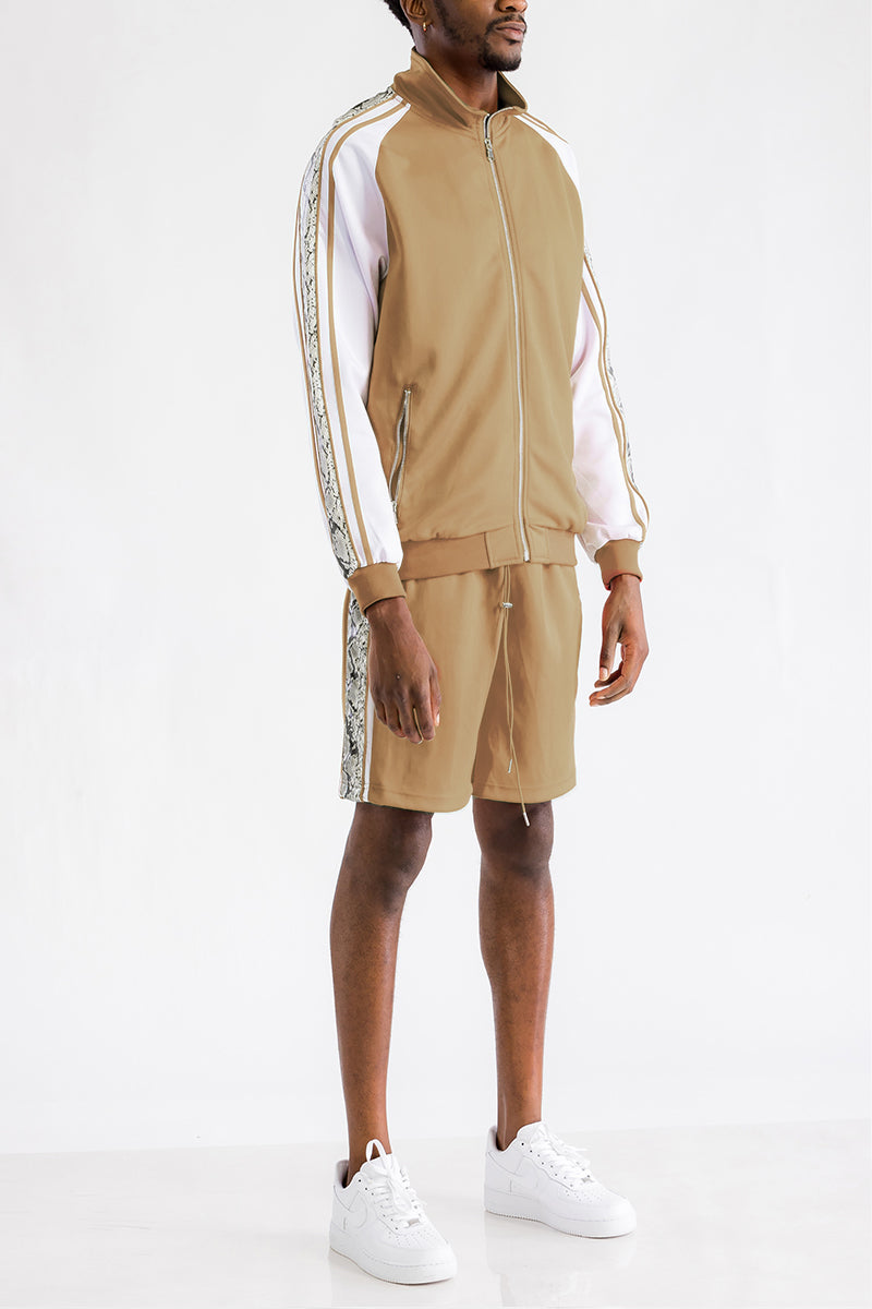 A stylish Snake Side Short Set featuring a full zip jacket and elastic waist shorts with snake detail along the sides.