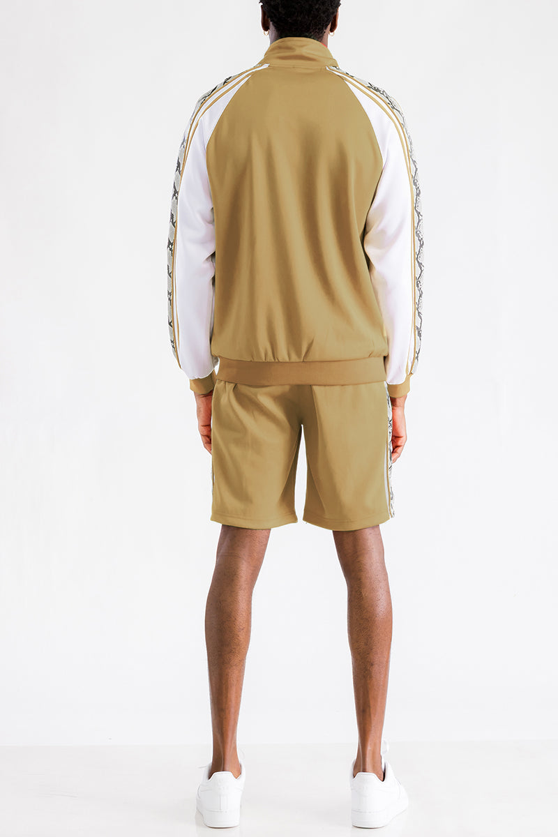 A stylish Snake Side Short Set featuring a full zip jacket and elastic waist shorts with snake detail along the sides.