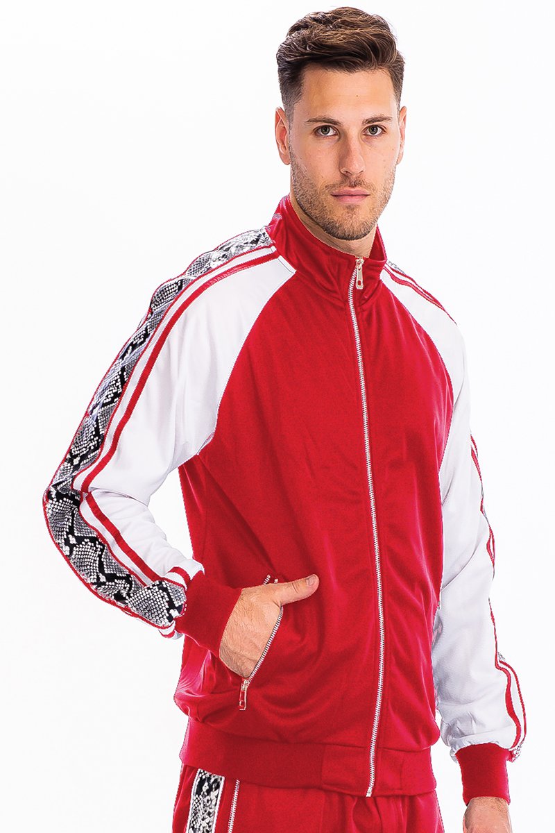 SNAKE SIDE TRACK JACKET in a stylish design, featuring a full zip and zippered pockets, perfect for casual wear and workouts.