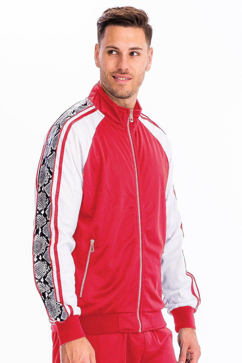 SNAKE SIDE TRACK JACKET in a stylish design, featuring a full zip and zippered pockets, perfect for casual wear and workouts.