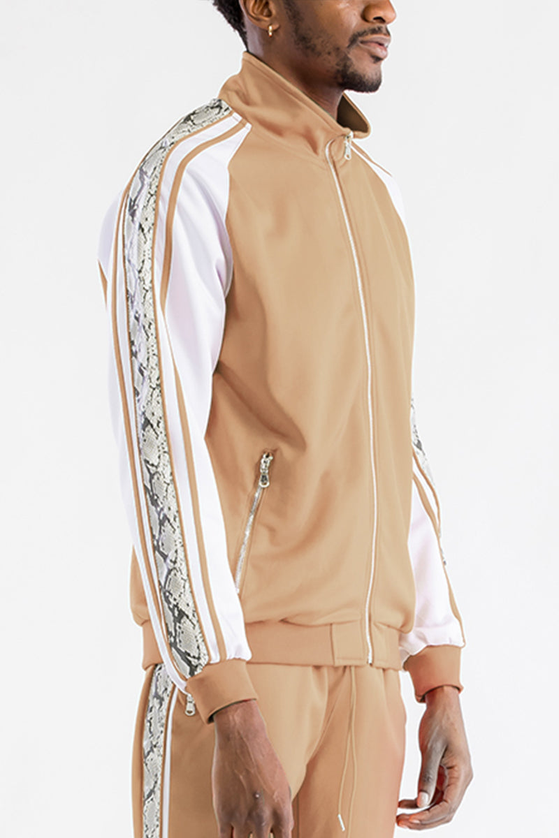 A stylish Snake Side Track Jacket featuring a full zip, zippered pockets, and unique snake detail along the sides, perfect for casual and athletic wear.