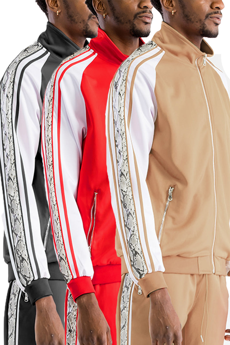 A stylish Snake Side Track Jacket featuring a full zip, zippered pockets, and unique snake detail along the sides, perfect for casual and athletic wear.