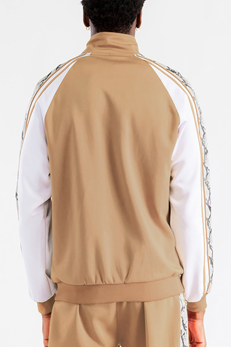 A stylish Snake Side Track Jacket featuring a full zip, zippered pockets, and unique snake detail along the sides, perfect for casual and athletic wear.