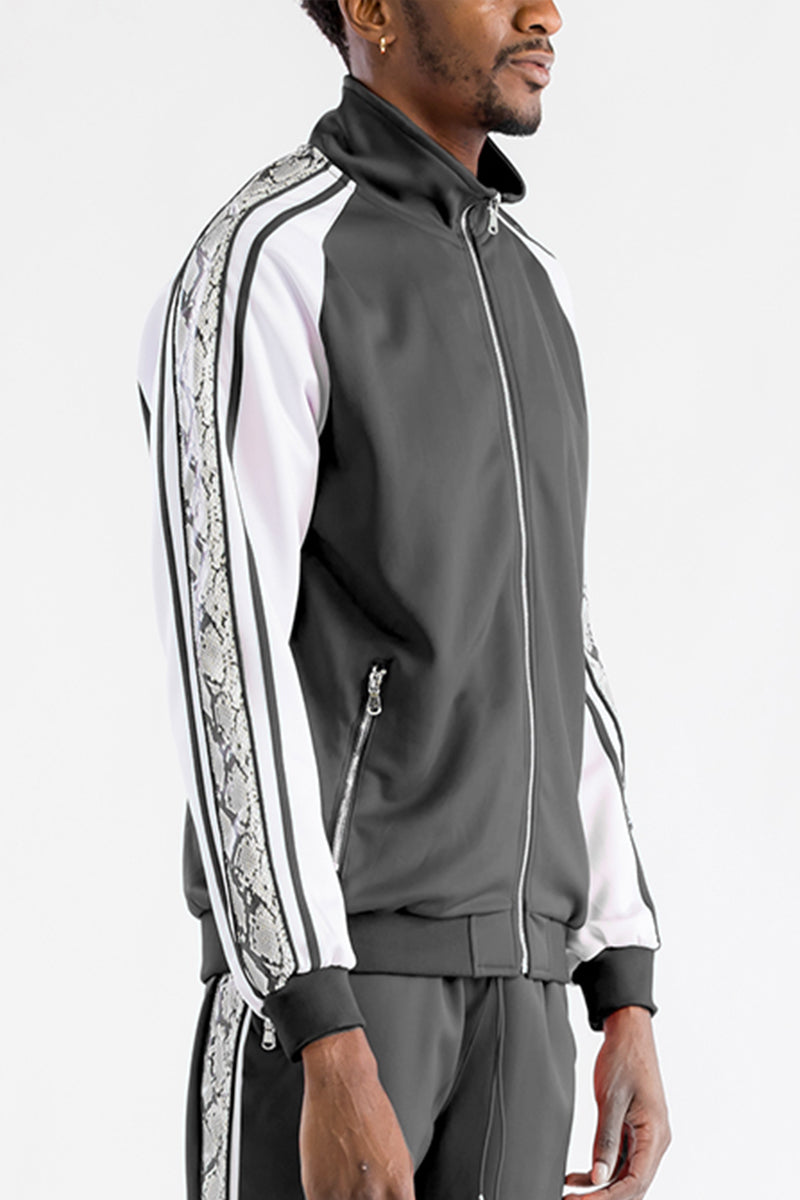 A stylish Snake Side Track Jacket featuring a full zip, zippered pockets, and unique snake detail along the sides, perfect for casual and athletic wear.