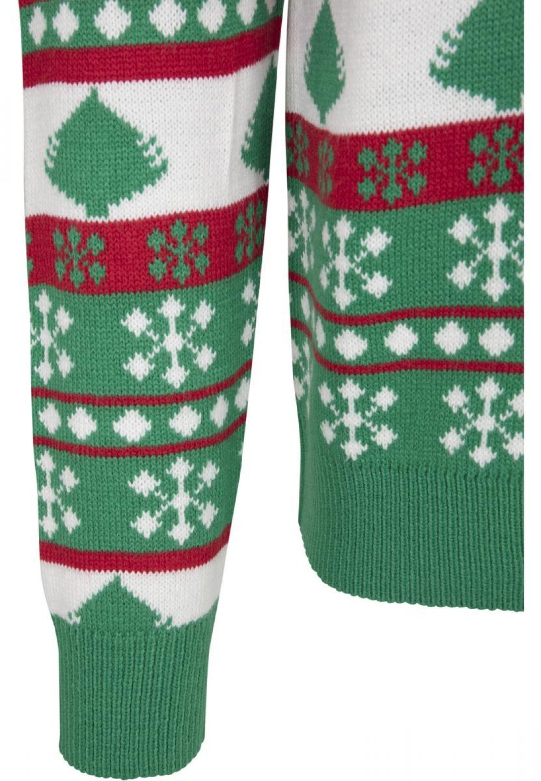 A cozy green, white, and red Snowflake Christmas Tree Sweater featuring festive snowflake patterns, perfect for holiday celebrations.