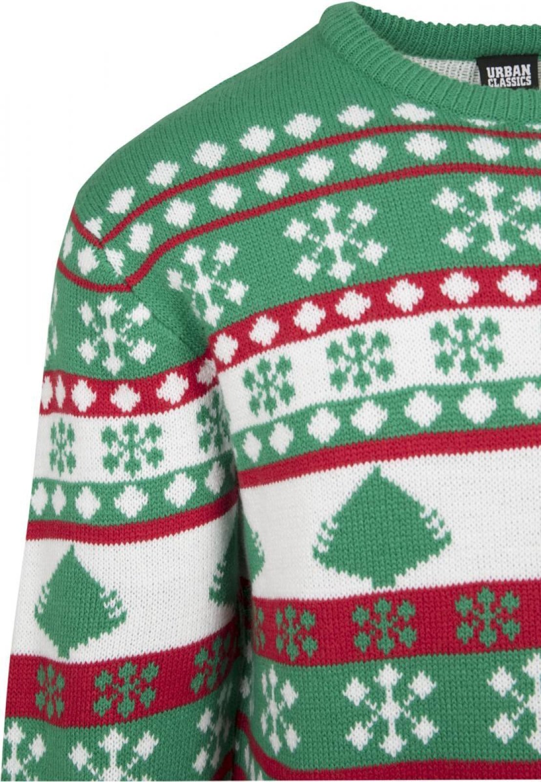 A cozy green, white, and red Snowflake Christmas Tree Sweater featuring festive snowflake patterns, perfect for holiday celebrations.