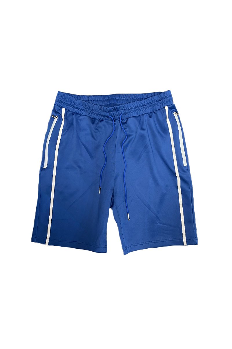 SOLID ATHLETE TAPE SHORTS featuring an elastic waist, drawstring, and zippered pockets, modeled by a person standing at 5'11 in a medium size.