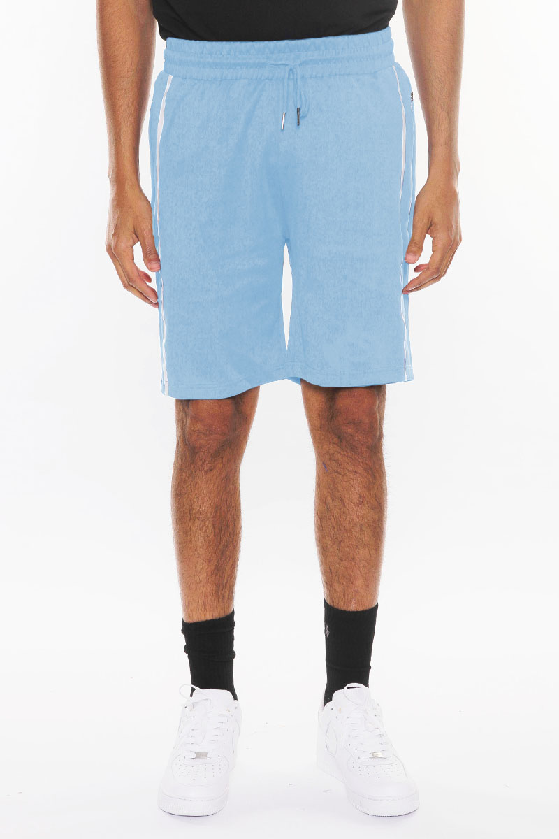 SOLID ATHLETE TAPE SHORTS featuring an elastic waist, drawstring, and zippered pockets, perfect for active lifestyles.