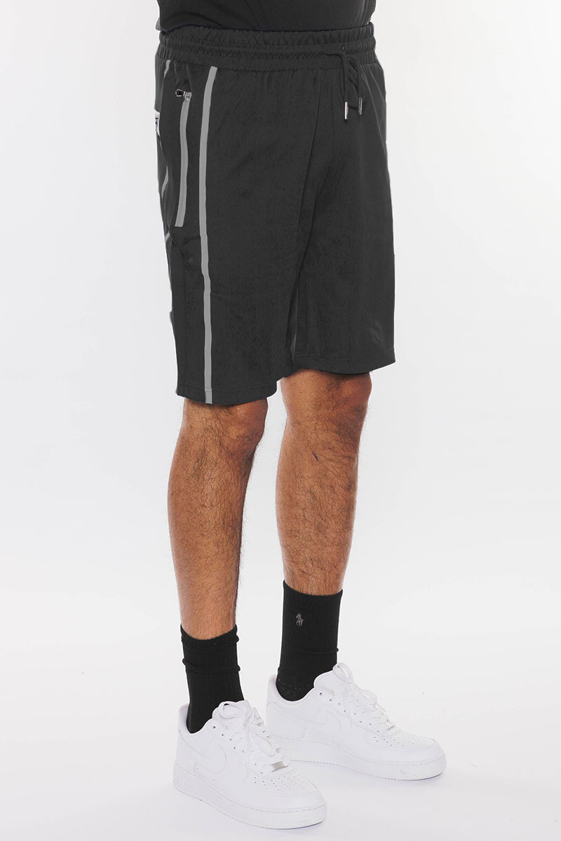 SOLID ATHLETE TAPE SHORTS featuring an elastic waist, drawstring, and zippered pockets, perfect for workouts and casual wear.