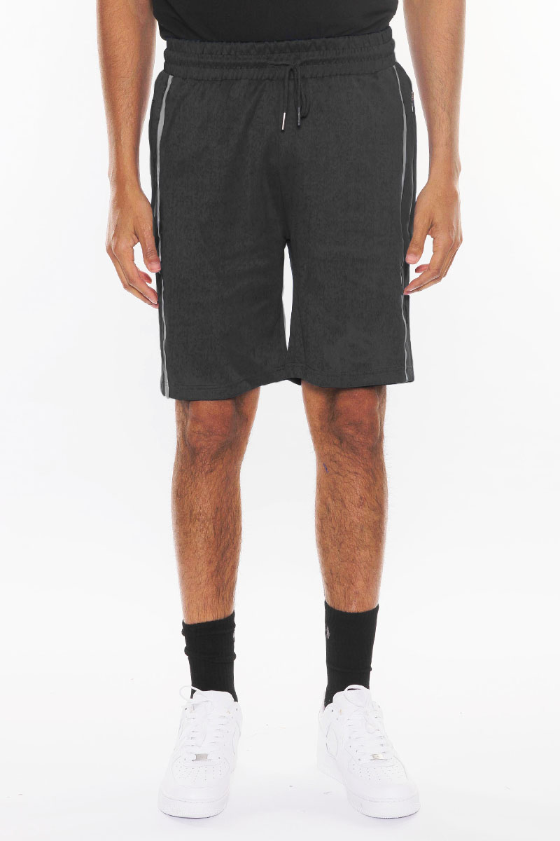 SOLID ATHLETE TAPE SHORTS featuring an elastic waist, drawstring, and zippered pockets, perfect for workouts and casual wear.