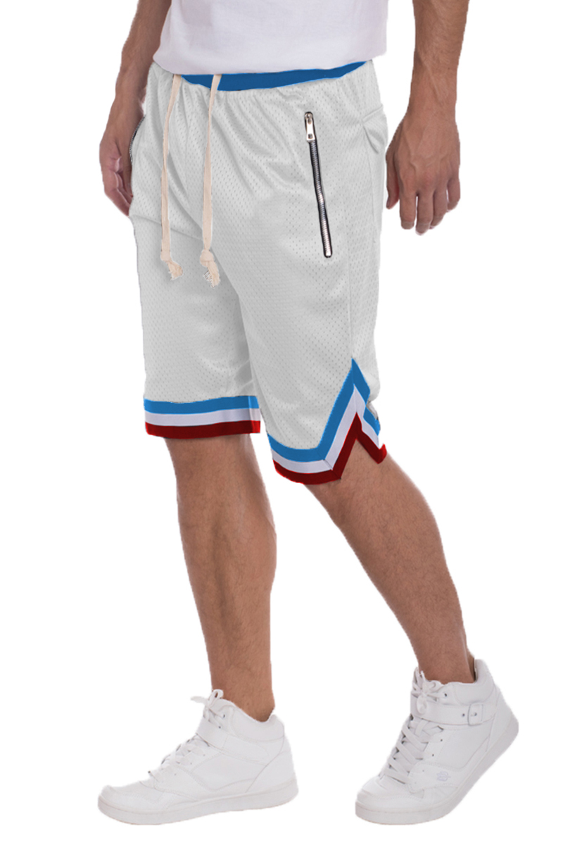 Solid Mesh Basketball Active Shorts featuring elastic waistband, drawstring, and zippered pockets in a stylish design.