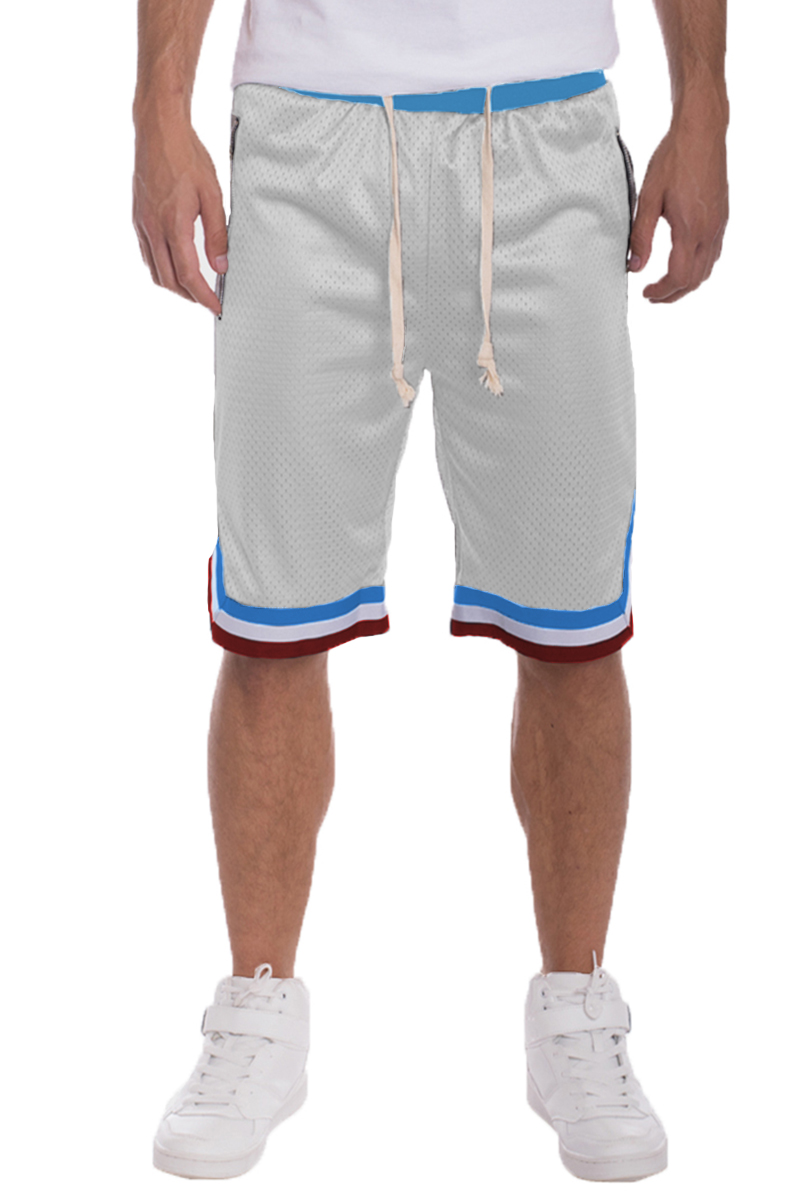 Solid Mesh Basketball Active Shorts featuring elastic waistband, drawstring, and zippered pockets in a stylish design.