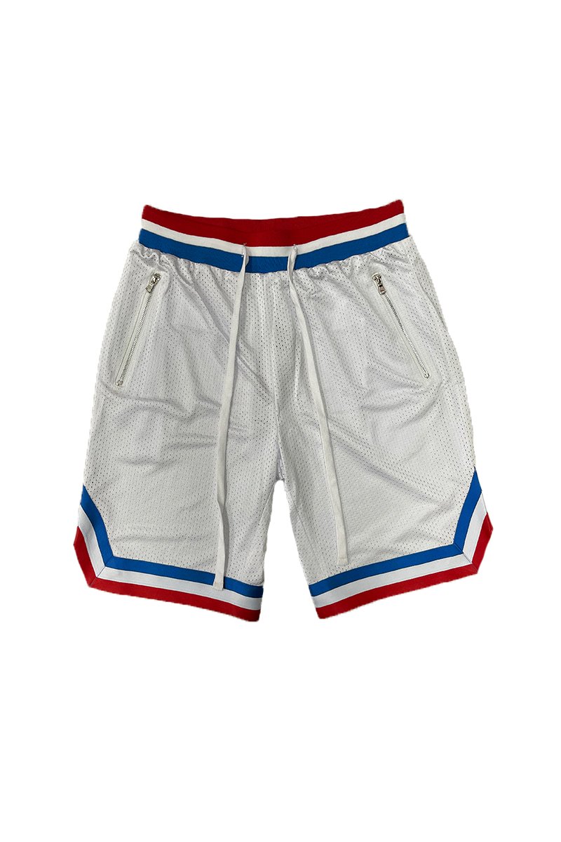 Solid Mesh Basketball Active Shorts featuring elastic waistband, drawstring, and zippered pockets in a stylish design.