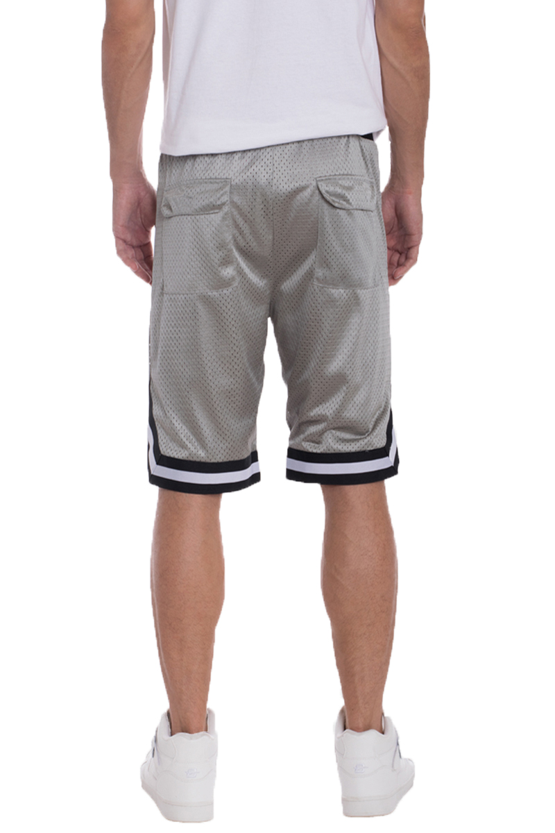 Solid Mesh Basketball Active Shorts featuring elastic waistband, drawstring, and side zippered pockets in a stylish design.