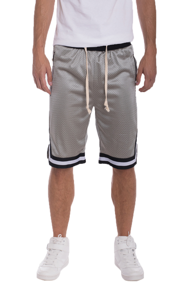 Solid Mesh Basketball Active Shorts featuring elastic waistband, drawstring, and side zippered pockets in a stylish design.