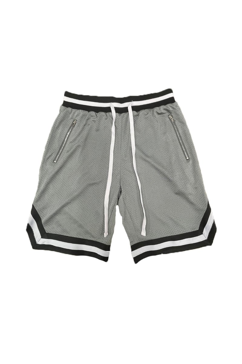 Solid Mesh Basketball Active Shorts featuring elastic waistband, drawstring, and side zippered pockets in a stylish design.