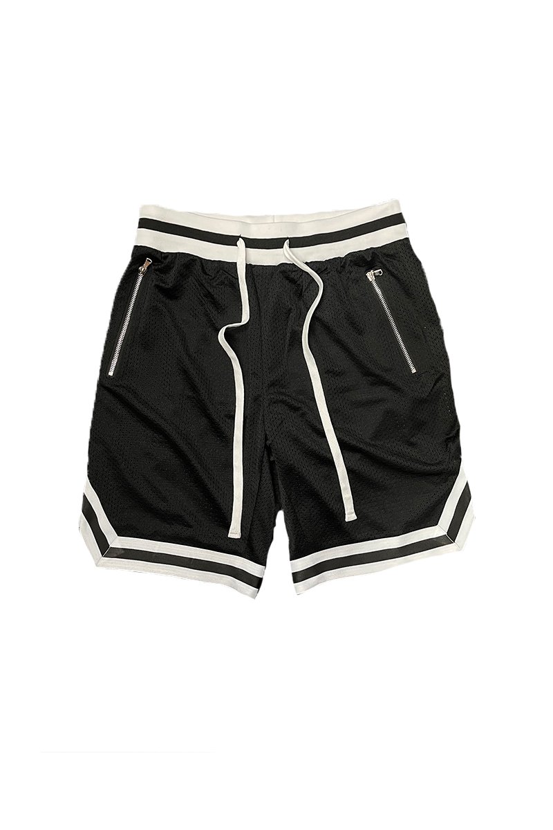 Solid Mesh Basketball Active Shorts featuring elastic waistband, drawstring, and zippered pockets in a stylish design.