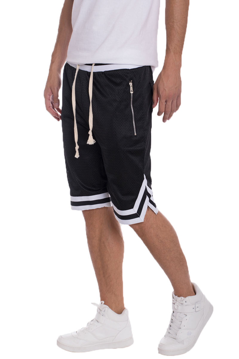 Solid Mesh Basketball Active Shorts featuring elastic waistband, drawstring, and zippered pockets in a stylish design.