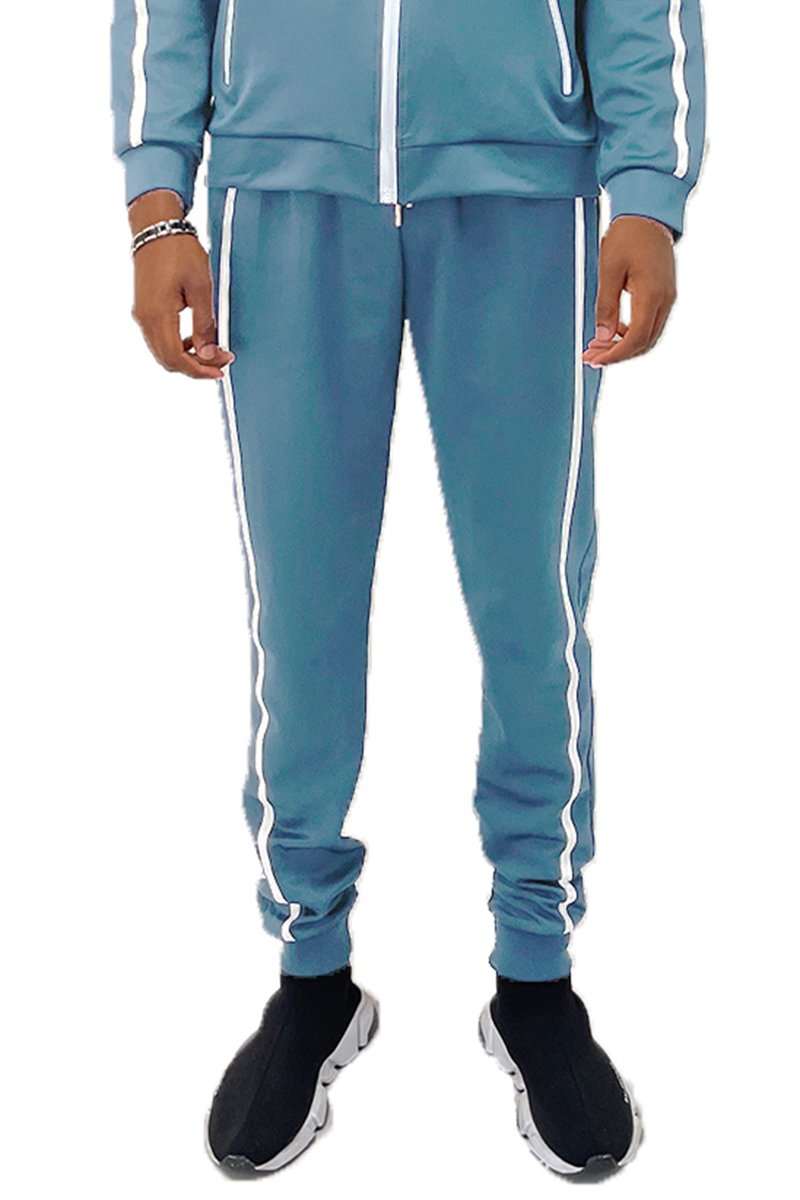 A pair of stylish Solid Tape Jogger Pants featuring an elastic waist and zippered pockets, perfect for casual wear.