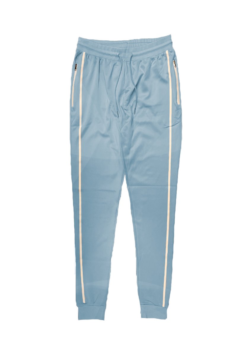 A pair of stylish Solid Tape Jogger Pants featuring an elastic waist and zippered pockets, perfect for casual wear.