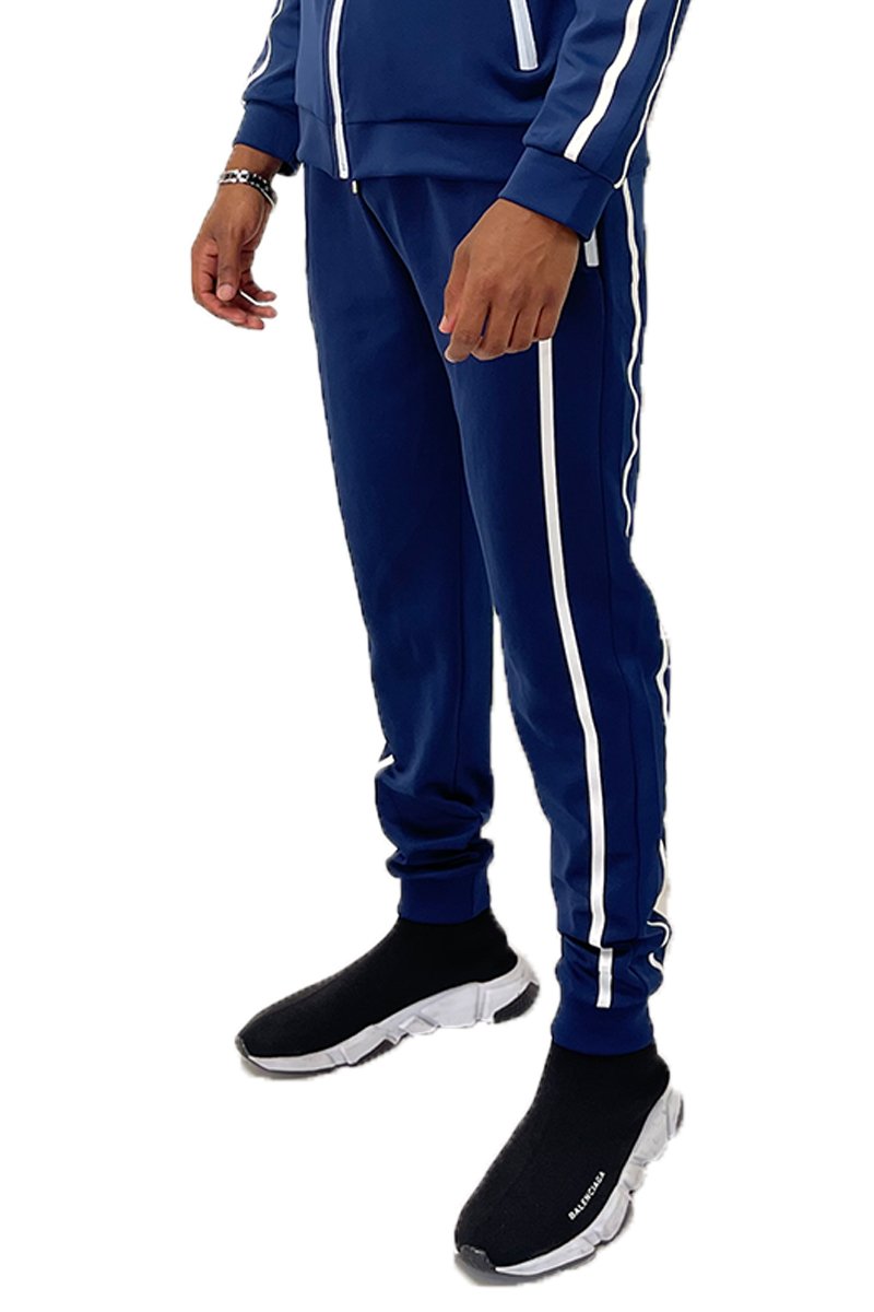 A pair of stylish Solid Tape Jogger Pants featuring an elastic waist with drawstring and zippered pockets, perfect for casual and active wear.