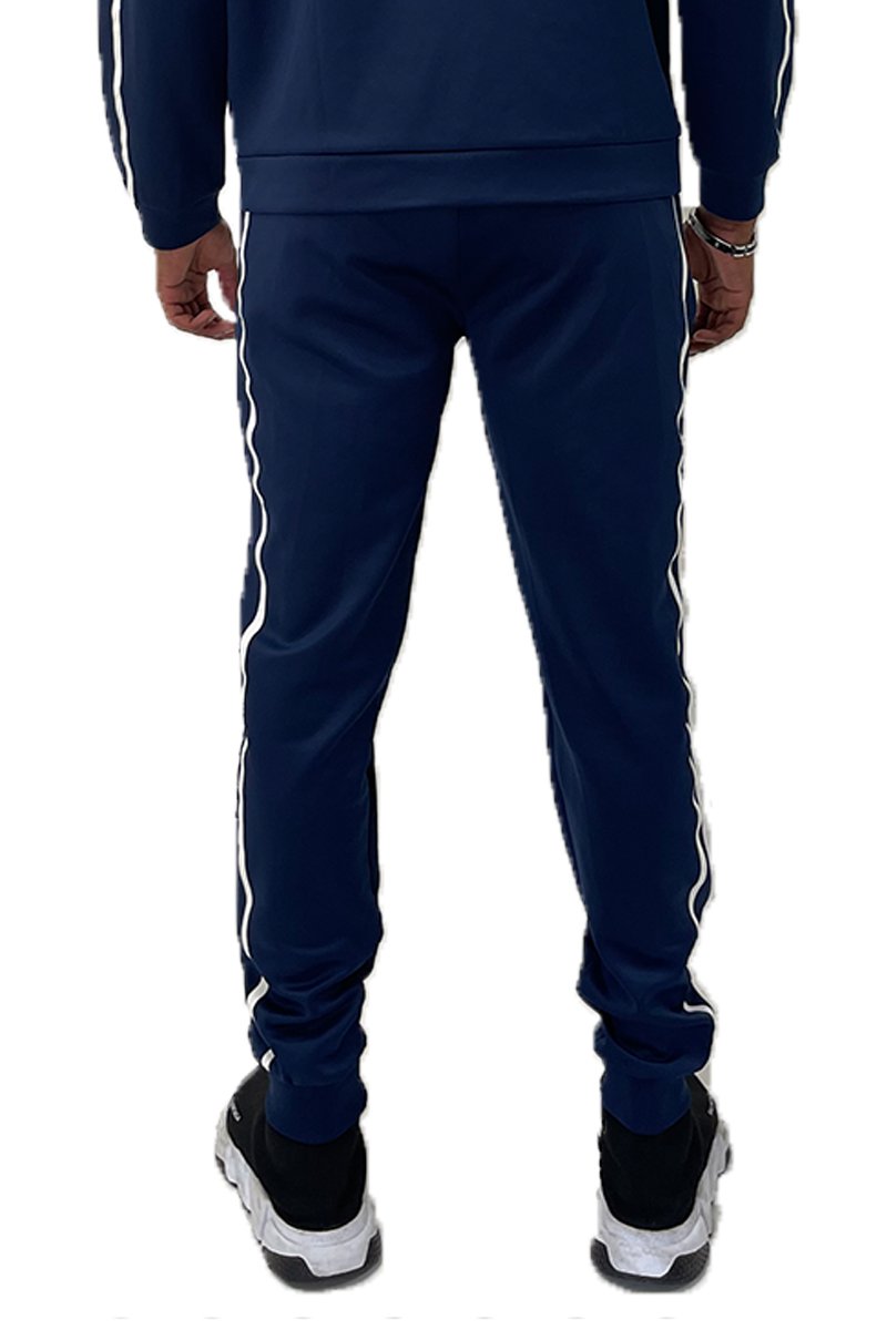 A pair of stylish Solid Tape Jogger Pants featuring an elastic waist with drawstring and zippered pockets, perfect for casual and active wear.